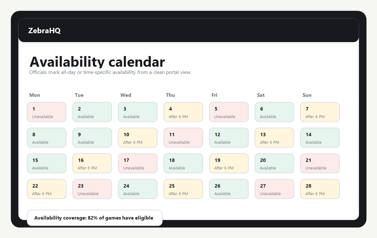 Mock screenshot of the ZebraHQ availability calendar