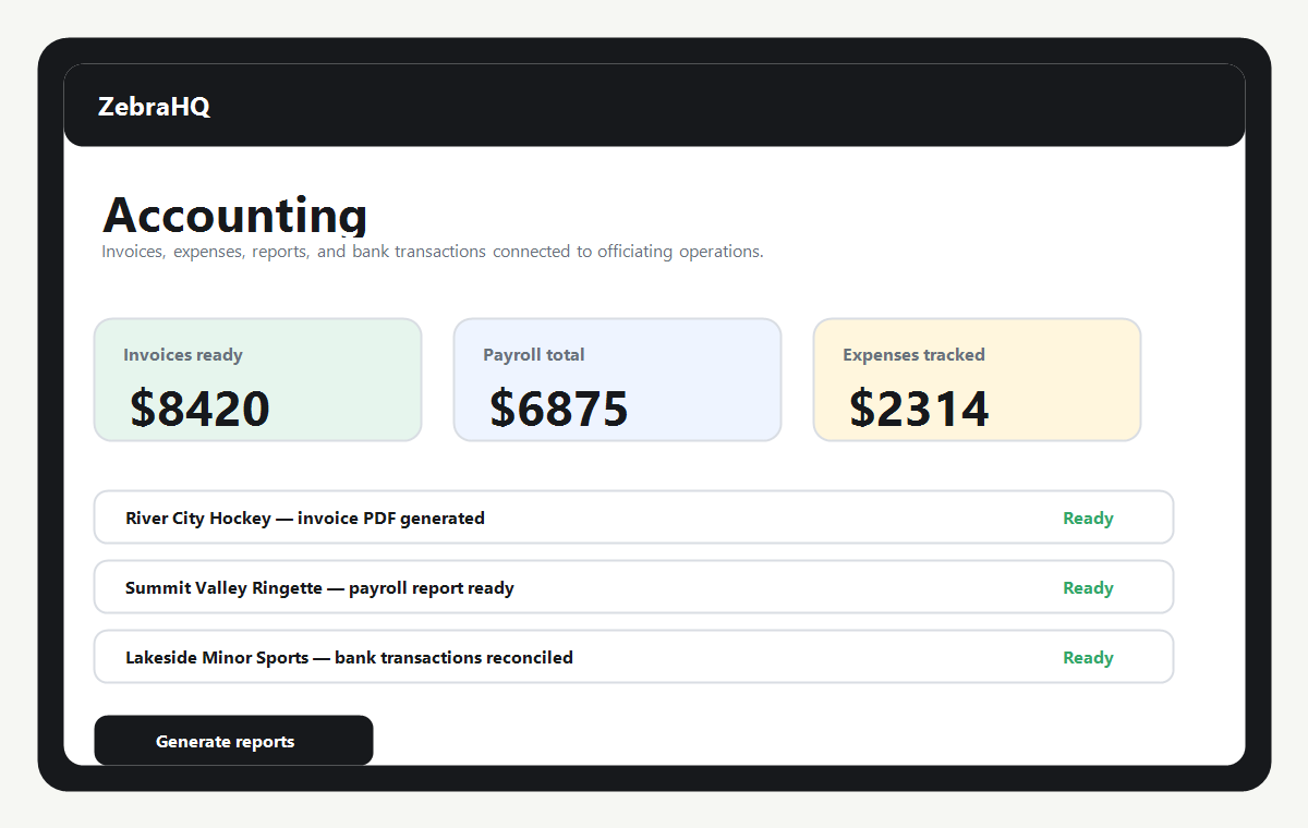 Mock screenshot of ZebraHQ accounting tools